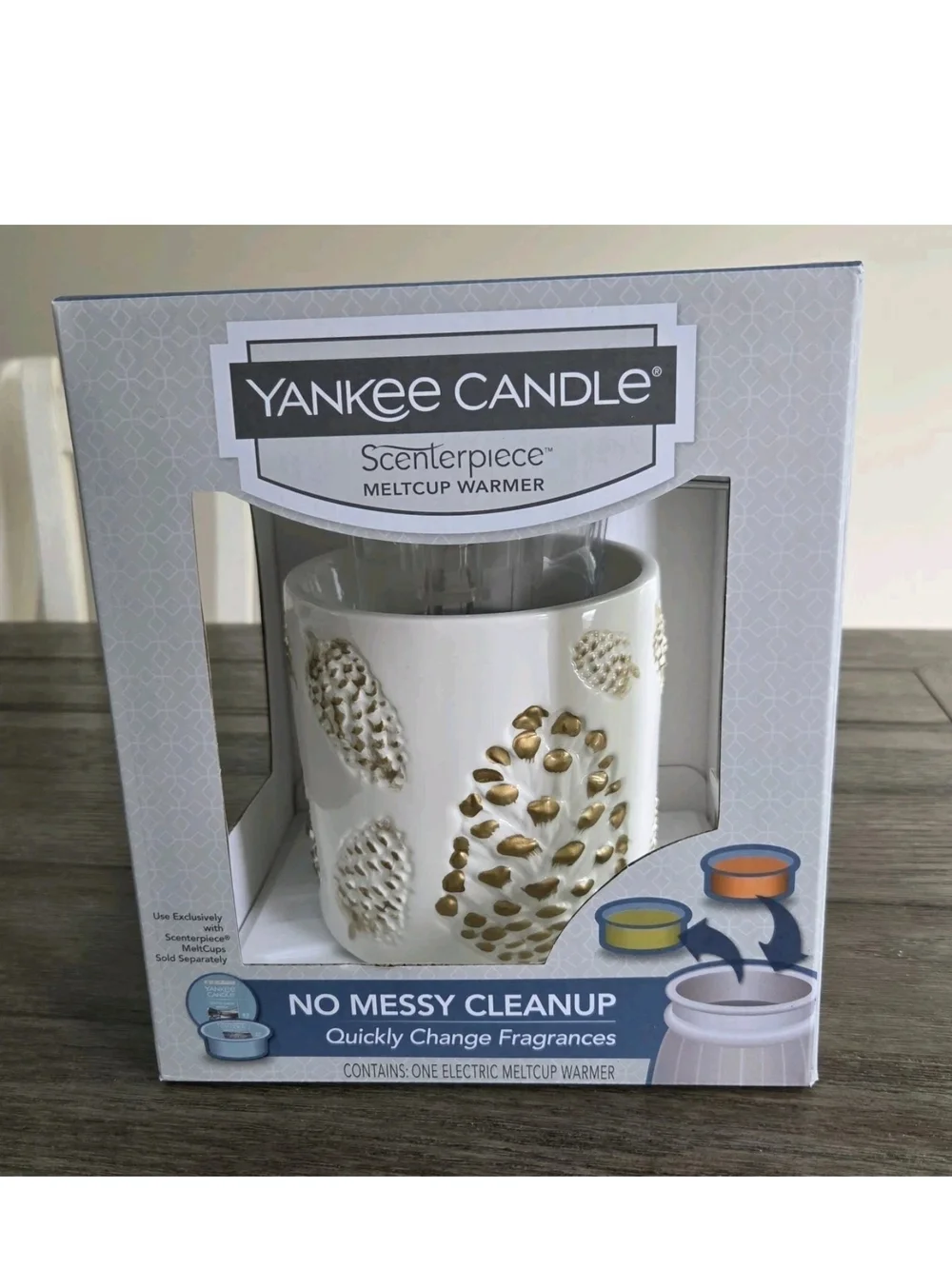 Yankee Candle Scenterpiece Meltcup Warmer Cream Gold Pinecones New Package